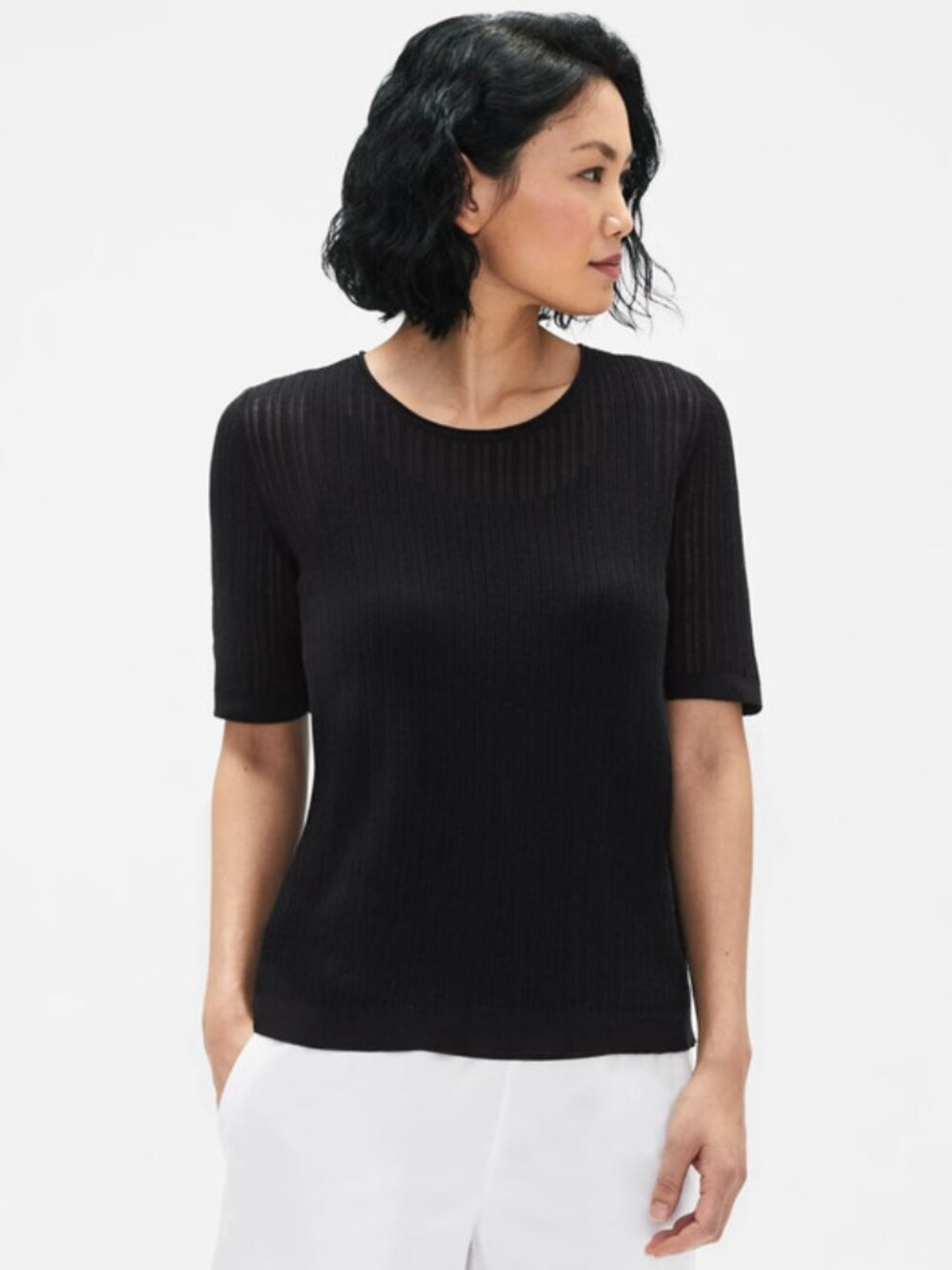 Size XS (M) - EILEEN FISHER Women's Black Stretch Ribbed Short Sleeve Tunic Top